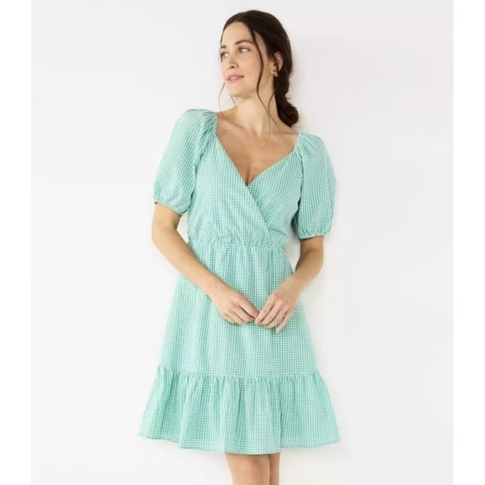 Draper James Mint Green Gingham Puff-Sleeve Mini Dress